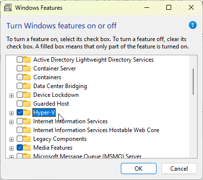 Tích chọn mục Hyper-V trong Windows Features