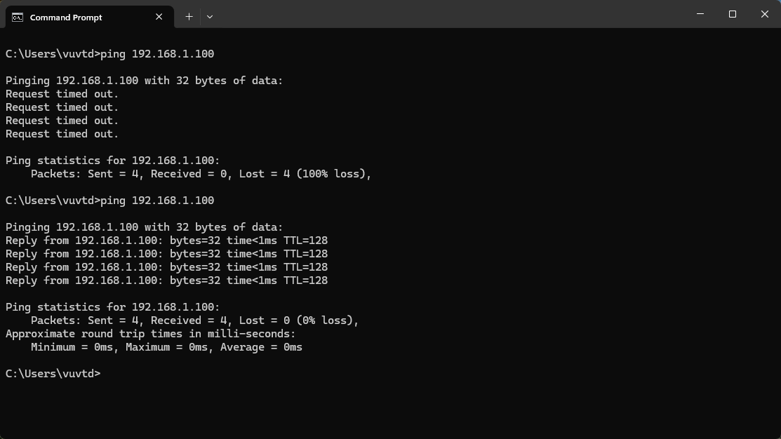 Kết quả Ping thành công sau khi mở Firewall