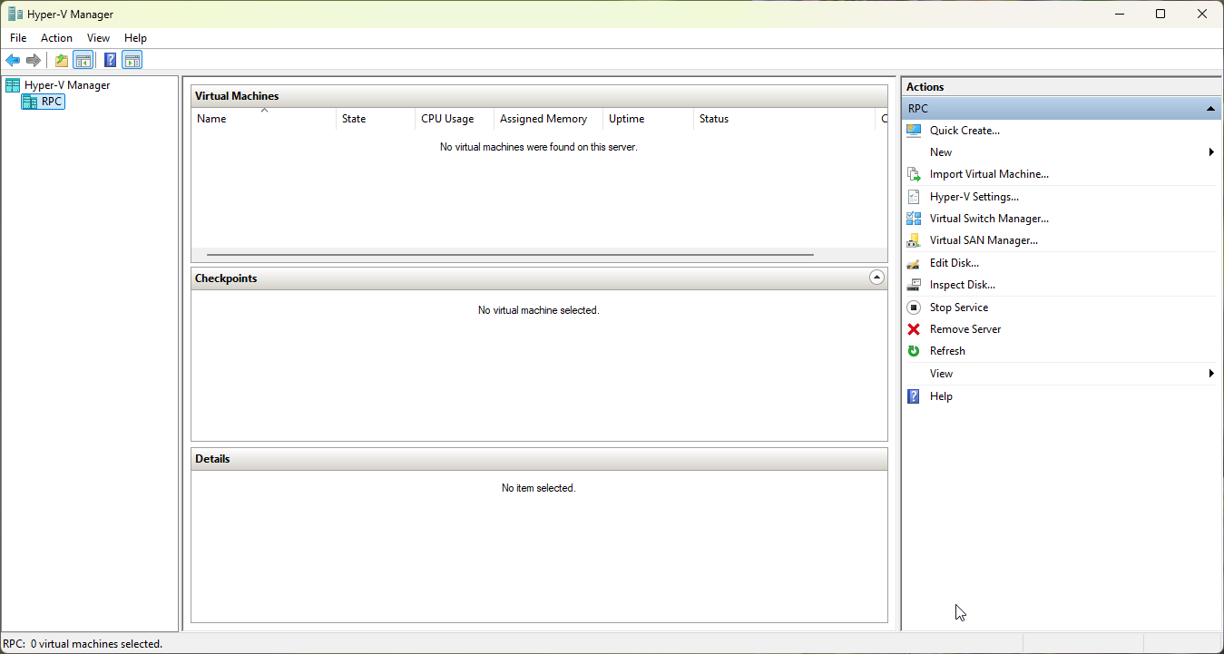Giao diện Hyper-V Manager ban đầu