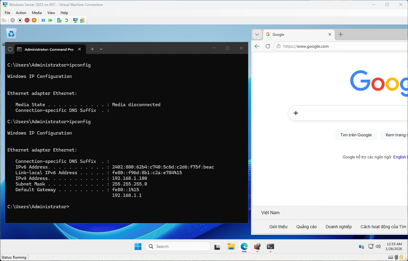 Máy ảo nhận IP và kết nối Internet