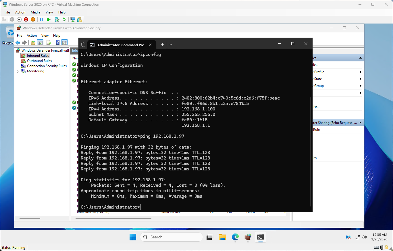 Ping từ Windows Server đến máy thật